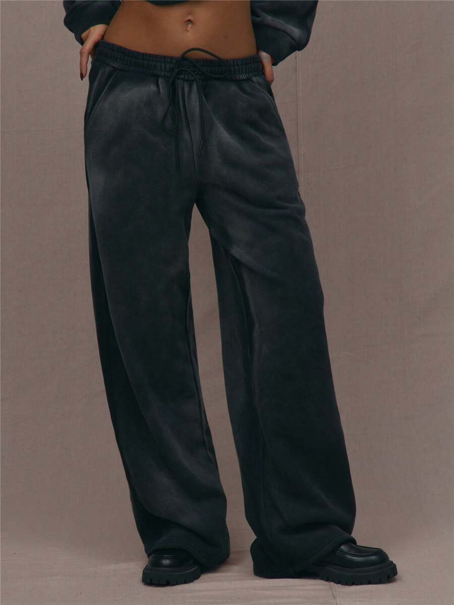MUSERA Distressed Washed Wide Leg Sweatpants Vacation - Black - View 1
