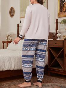Vintage Floral & Leopard Print Knit Long Sleeve Plus Size Pajama Set