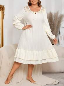 Camisola de Malha com Mangas de Lanterna, Recorte de Renda, Plus Size