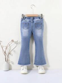 Cozy Pixies 年轻女孩休闲柔软可爱双色拼布高弹蓝色牛仔喇叭牛仔裤 - 中等水洗藍 - 查看 2