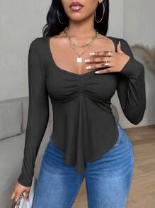 BamGleam SXY 纯色 INS 新品方领长袖荷叶边不对称下摆女式休闲 T 恤秋季女装 - 黑色 - 查看 4