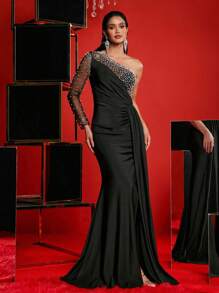 Glamrae Elegant Luxury Black One Shoulder Rhinestones & Pearl Elastic Knit Ruched Slit Fishtail Dress,Long Sleeve Formal Evening Gown For Wedding Guest,Prom - Black - View 7