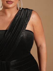 SHEIN BAE Váy dài xếp ly xẻ cao thời trang thu đông cho nữ cỡ lớn, sang trọng, dự tiệc, vải nhung co giãn, màu đỏ Halloween, cổ áo trùm đầu bất đối xứng, váy dài nữ - màu đen - Xem 5