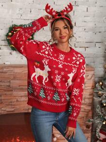 SHEIN LUNE Áo len dệt kim họa tiết Giáng sinh cho nữ, thường ngày cho mùa thu/đông - Nhiều màu - Xem 3