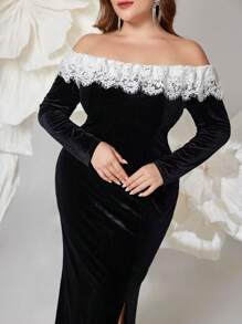 Modelyn 大码女式撞色蕾丝露肩长袖荷叶边下摆开衩优雅连衣裙，优雅修身连衣裙，适合晚会/婚礼嘉宾/周年纪念长款女装 - 黑色 - 查看 8