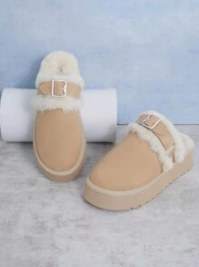 SHUZIA Giày đế bằng lông cừu Sherpa dễ thương hàng ngày cho nữ - Màu be - Xem 2