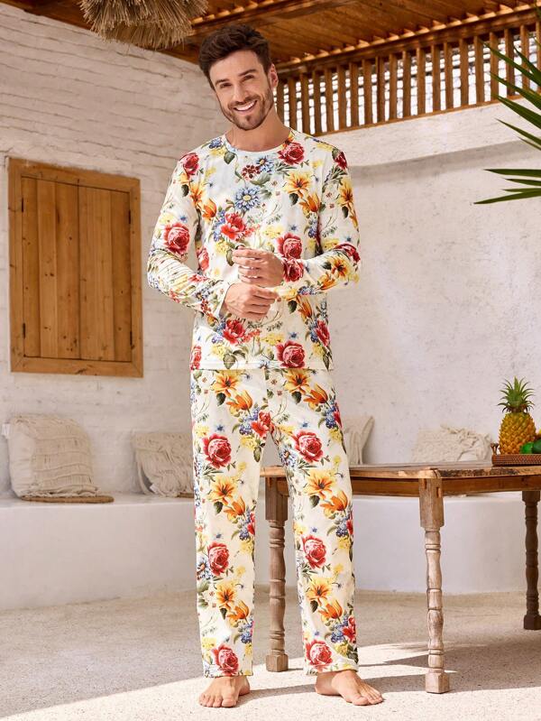 Manfinity ChillVibe Men's Floral Full Print Long Sleeve Top And Pants Sleepwear Pajama Set