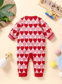 Baby Girls' Knitted Romper Jumpsuit, Casual Red Heart Pattern Sweater For Infants, Autumn/Winter - Red - View 2