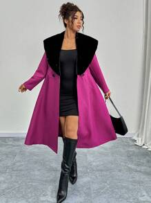 SHEIN Unity Women Plus Size Colorblock Fluffy Collar Double-Breasted Long Overcoat, Autumn/Winter Fall Cloth For Women - Purple - View 5