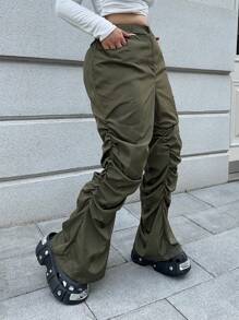 Flirla Plus Size Casual Solid Color Pants With Elastic Waist Flare Leg - Army Green - View 1