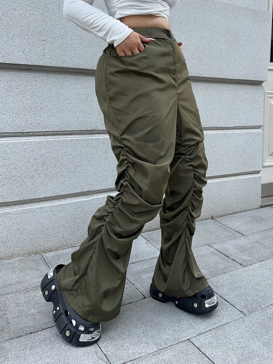 Flirla Plus Size Casual Solid Color Pants With Elastic Waist Flare Leg - Army Green - View 1