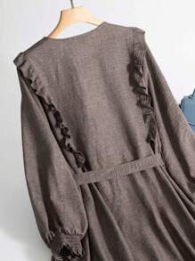 Mulvari Plus Size Casual Solid Color Ruffle Hem Front Zipper Jacket, Autumn - Grey - View 19