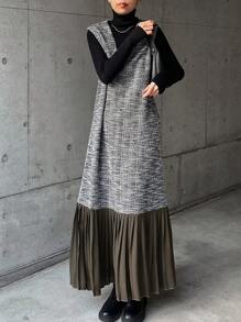 FRIFUL 女式休闲中长连衣裙，撞色褶边，无袖圆领格子