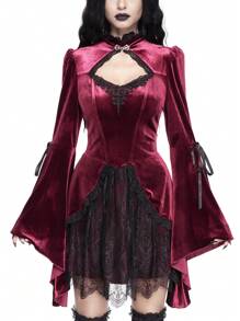 ROMWE Goth 哥特式宫廷风格迷人撞色蕾丝喇叭袖低胸多层蛋糕女式迷你连衣裙适合派对 - 紅色 - 查看 2