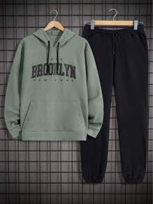 RueChic Cotton Men Letter Printed Regular Hoodie Set - Army Green - View 1