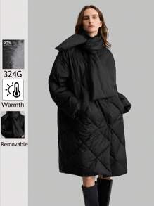 Ontre 女士黑色中长款羽绒服，可拆卸围巾，休闲商务风格，绗缝图案，冬季