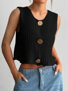 SHEIN Unity Fashionable Round Neck Button Closure Minimalist Sleeveless Knit Top - Black - View 3