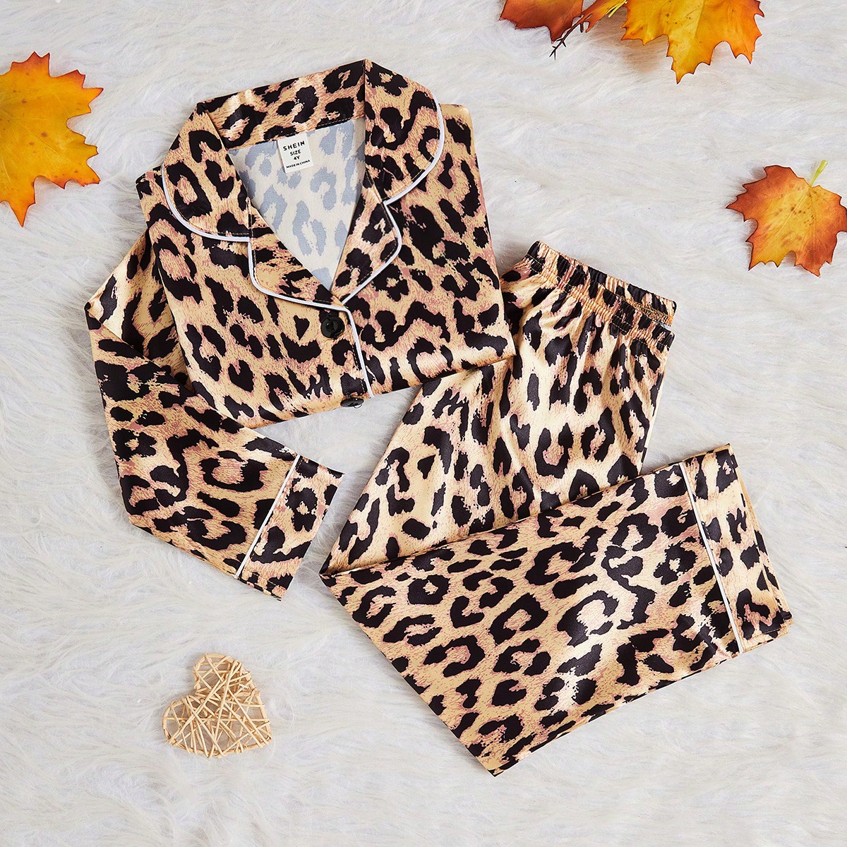 Set de 2 piezas de chaqueta de punto de manga larga y pantalones con estampado de leopardo para niña, conjunto de ropa informal