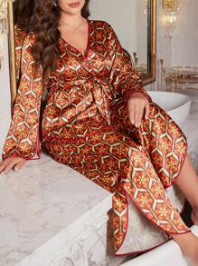 几何印花配色长袖大码睡衣套装