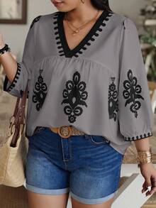 SHEIN Holidaya 大码纯色拼布长袖印花休闲衬衫，随机印花设计 - 淡紫色 - 查看 4