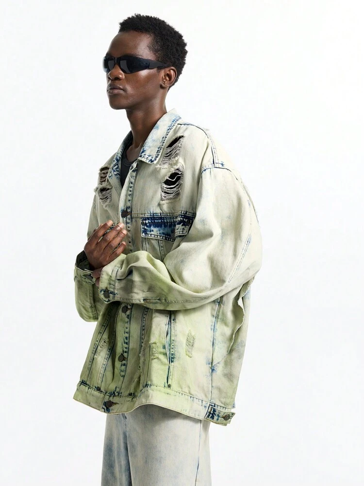 Men's Vintage Gradient Green Loose Denim Long Sleeve Jacket, Streetwear Style