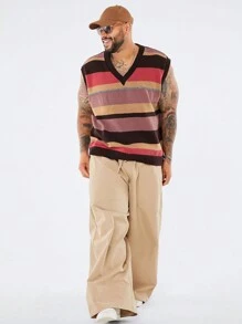 Manfinity NXTstreet Plus Size Men's Casual Striped Contrast V-Neck Loose Knit Sweater Vest