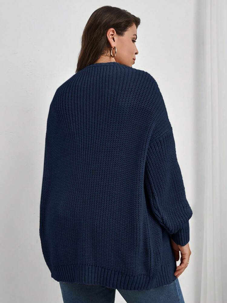 EURMUSE Plus Size Women Buttoned Side Tie Detail Open Cardigan, For Winter - Navy Blue - View 2