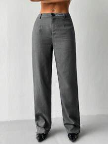 Flirla Pantalones rectos de oficina/trabajo con bolsillos oblicuos de estilo casual para mujer