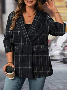 SHEIN LUNE Plus Size Plaid Printed Double-Breasted Casual Blazer For Autumn - Black - View 4