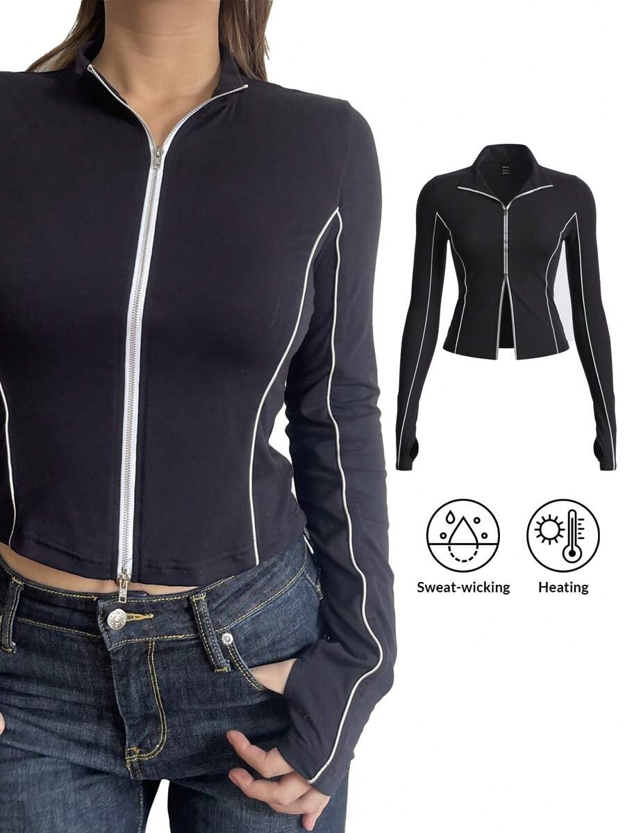 SHEIN BASICS 女式休闲运动修身短款前拉链高领长袖上衣 - 黑色 - 查看 1