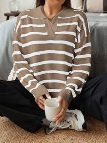 Flirla Plus Size Women French Style Striped Turn-Down Collar Pullover Knit Sweater For Autumn, For Winter - Khaki - View 6