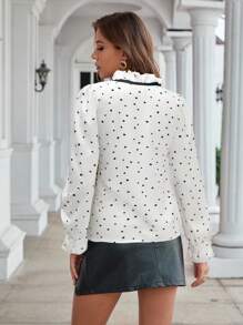 SHEIN Clasi 心形印花系带荷叶边优雅长袖衬衫 - 白色 - 查看 2