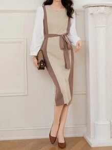 DAZY Váy len thắt eo phối màu cho nữ, trang phục mùa thu - Màu Khaki - Xem 4