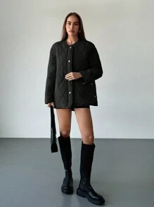 Aloruh Damska pikowana kurtka parka w kratę, luźny oversize'owy zielony kontrastowy płaszcz ocieplany, ciepły na jesień/zimę