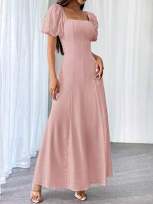 Firerie Đầm nữ cổ vuông tay ngắn màu trơn - Hồng - Xem 6