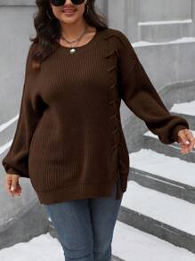 EMERY ROSE Plus Size Solid Color Lace Up Side Slit Hem Sweater, For Autumn/Winter Knit Pullover Fall - Coffee Brown - View 6
