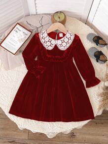1 Peça Vestido de Veludo Preto de Manga Longa com Babado no Colarinho, Estilo Casual Jovem, Adequado para Outono/Inverno - Vermelho - Visão 1