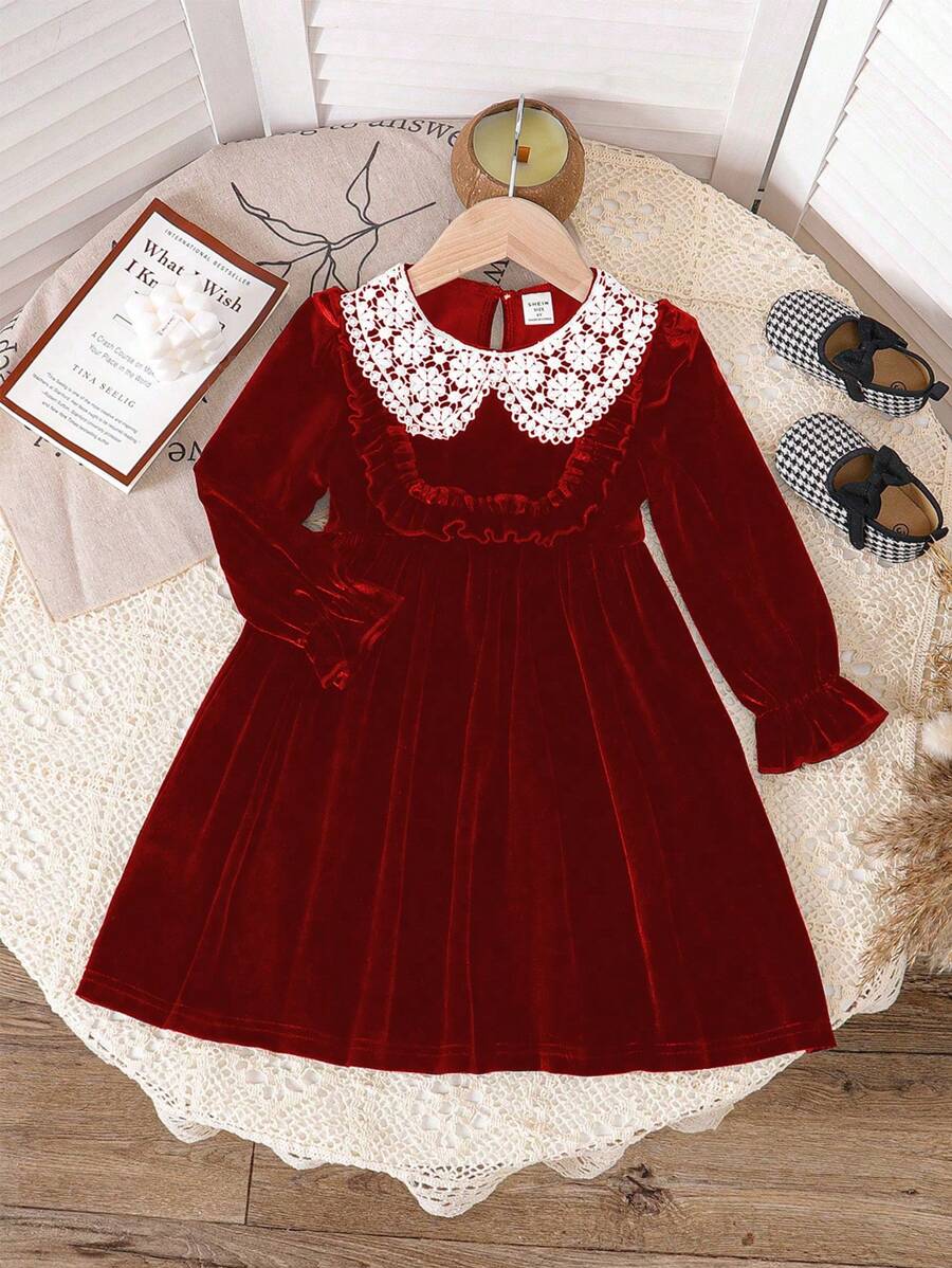 1 Peça Vestido de Veludo Preto de Manga Longa com Babado no Colarinho, Estilo Casual Jovem, Adequado para Outono/Inverno - Vermelho - Visão 1