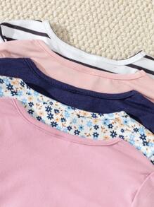 SHEIN Genkimix Kids 5pcs/Set Young Girl Cute Cartoon Rabbit Striped & Floral Multi-Piece Long Sleeve T-Shirts, School, Campus, College