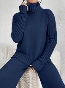 Calvaya 2pcs/Set Women Casual High Neck Drop Shoulder Sweater And Pants, Autumn/Winter - Royal Blue - View 1