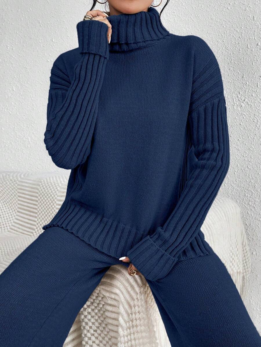 Calvaya 2pcs/Set Women Casual High Neck Drop Shoulder Sweater And Pants, Autumn/Winter - Royal Blue - View 1