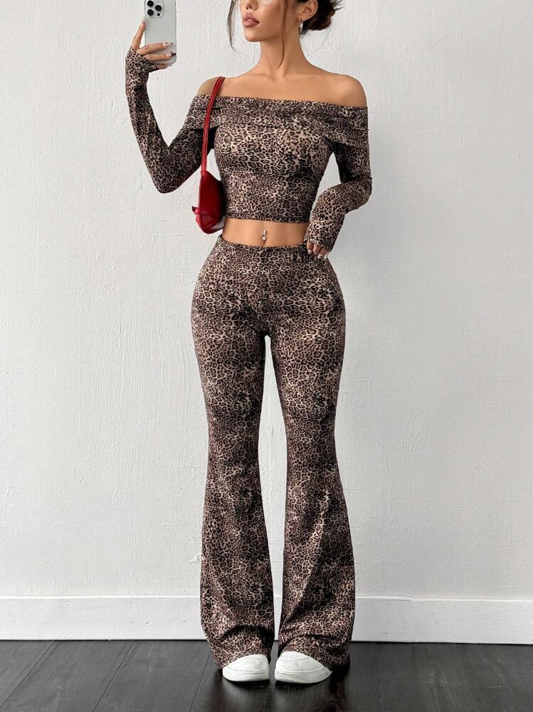 SHEIN EZwear 2pcs/Set Women's New Leopard Print Off Shoulder Knit T-Shirt And Flare Pants Set - Brown - View 1
