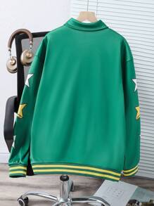 SHEIN Explorewe Teenage Boys Star Pattern Fuzzy Vintage Long Sleeve Cardigan Jacket - Army Green - View 2