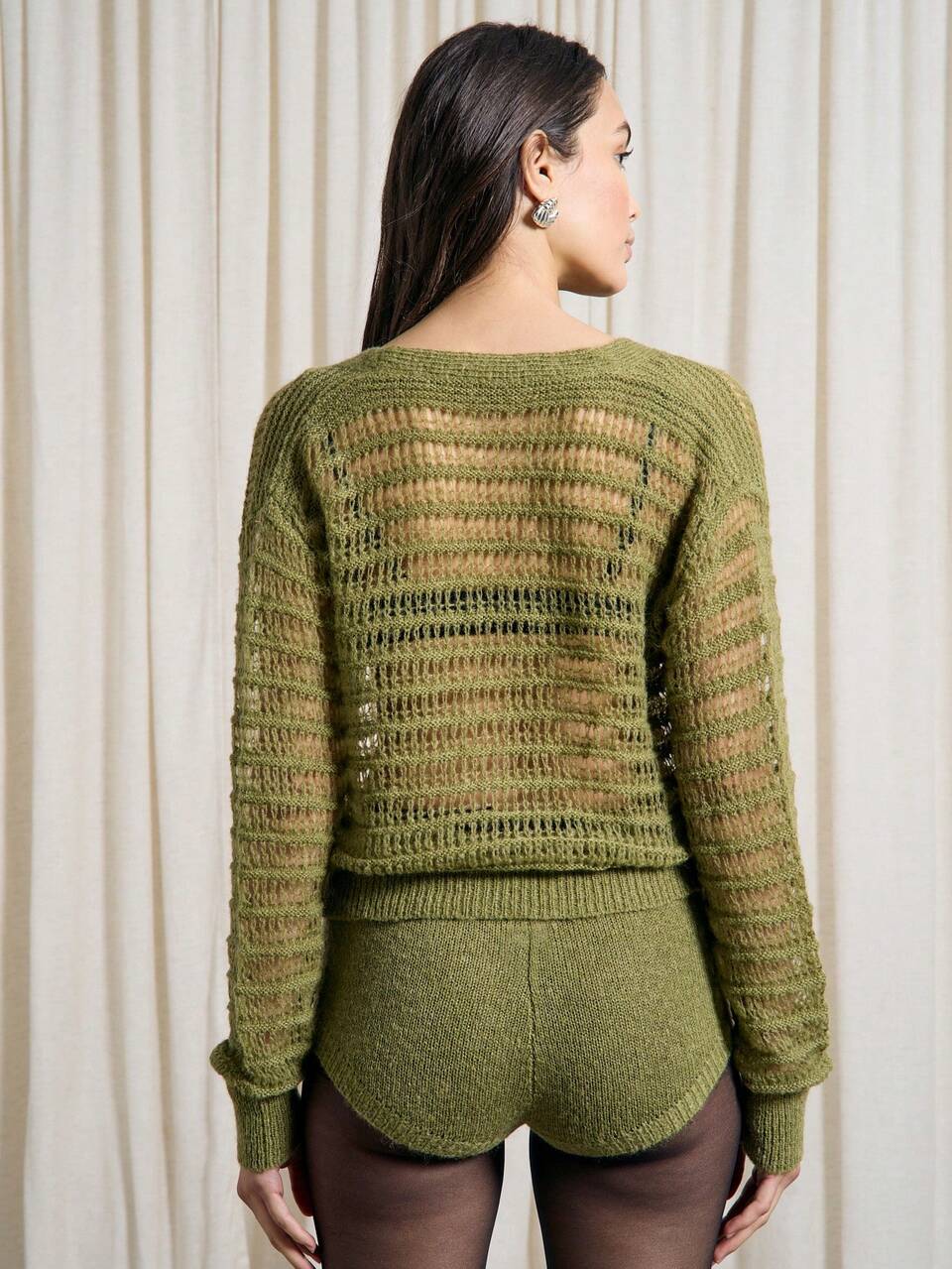 AiiRZ Knit Sheer Pointelle High Waist Cardigan Shorts Set