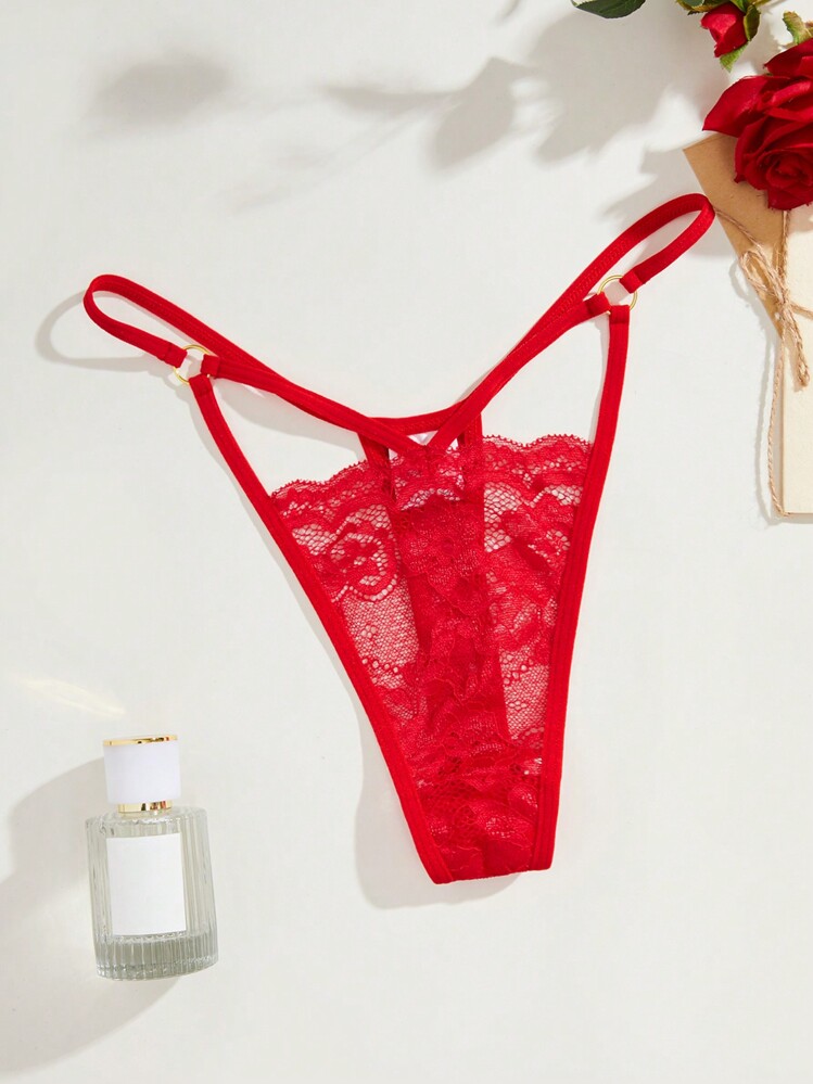 SHEIN 花卉蕾丝镂空低腰丁字裤，性感内衣，新娘内衣 - 紅色 - 查看 6