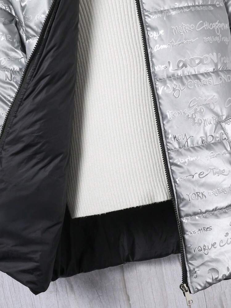 Abrigo acolchado con cierre, cintura ajustada y correa de mochila con estampado de letras reflectantes y contraste de color para preadolescentes - Plateado - Añade 6