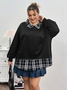 SHEIN CURVE+ Áo khoác nữ cỡ lớn mùa thu đông, áo sơ mi cổ bẻ kẻ caro 2 trong 1, áo nỉ cỡ lớn. - màu đen - Xem 4
