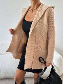 SHEIN Essnce Suéter con capucha mullido de mujer, cardigan largo de esenciales de otoño/invierno, suéter con capucha de manga larga color caqui, cardigan con capucha para mujer, informal para uso diario - Caqui - Ver 7