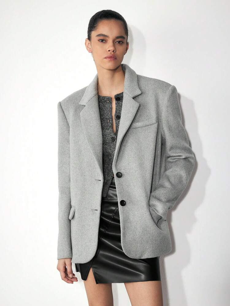 SHEIN Maija Women's Solid Color Stand Collar Long Sleeve Single-Breasted Casual Blazer Jacket For Autumn/Winter