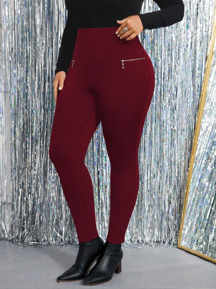 SHEIN Clasi Plus Size Casual Solid Color Zipper Decor Elastic Skinny Pants For New Year Clothes Fall Cloth For Women - Red - View 1